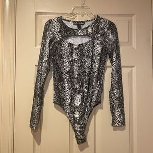 Polly & Esther Snakeskin Print Long Sleeve Soft Bodysuit, Cutout Detail, Size M